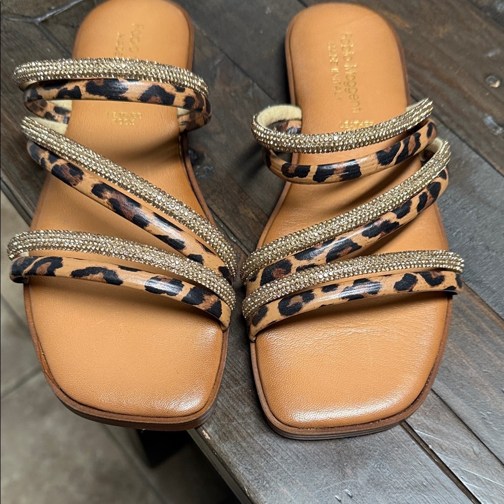 Leopard Print Sandals with Gold Detailing